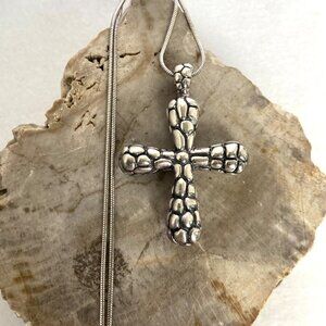 Sterling Silver 925 RB Chunky Pebbled Dot Pattern Cross Pendant Necklace 24"